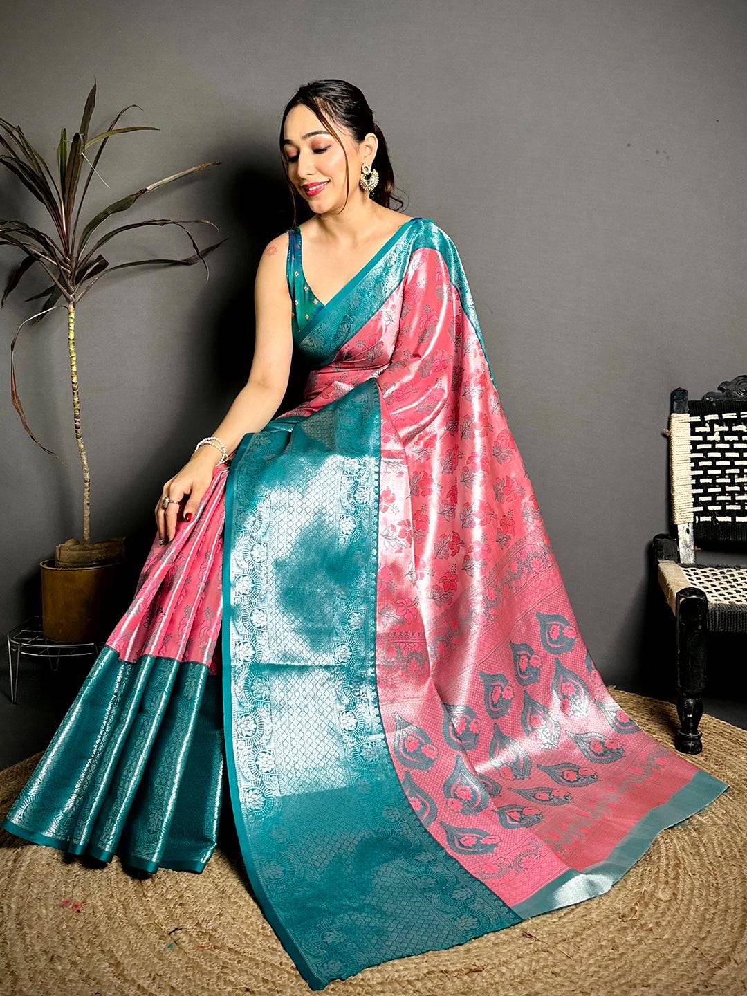Teal Pink Border Tissue Kanchi Saree