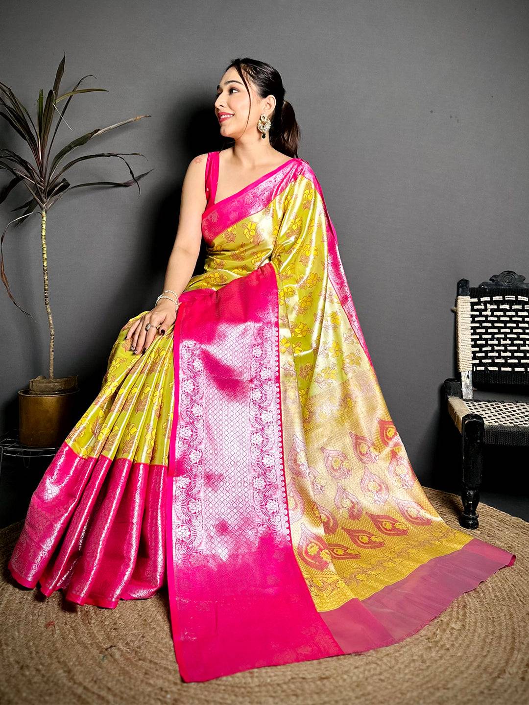 Yellow Magenta Border Tissue Kanchi Saree