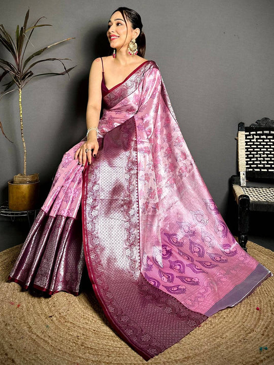 Pink Wine Border Tissue Kanchi Saree