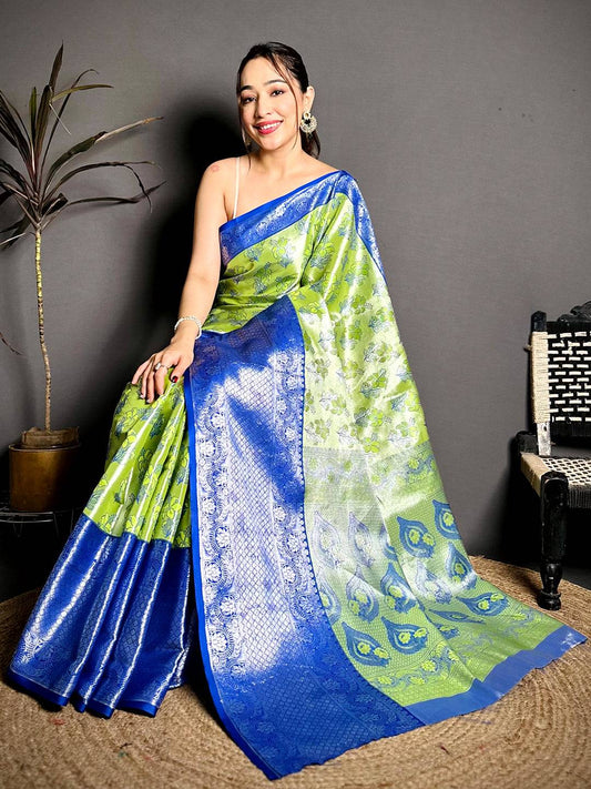 Lime Green Blue Border Tissue Kanchi Saree
