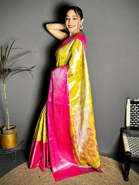 Yellow Magenta Border Tissue Kanchi Saree