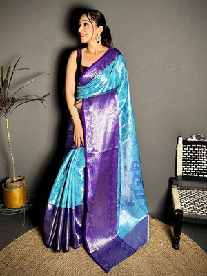 Turquoise Purple Border Tissue Kanchi Saree
