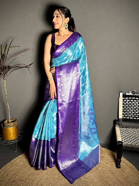 Turquoise Purple Border Tissue Kanchi Saree