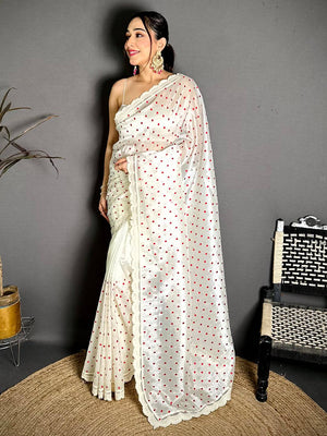 White Soft Tissue Resham Polka Dot Saree