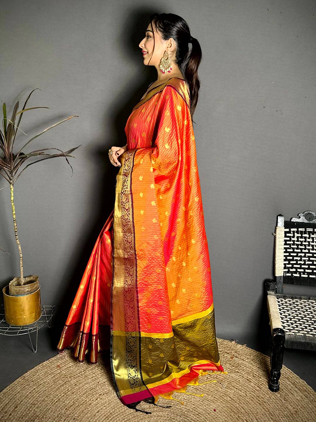 Radiant Self Gold Zari Chex Chitpallu Saree