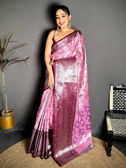 Pink Wine Border Tissue Kanchi Saree