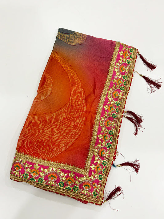Stylish Ethnic Bandhej Chiffon Foil Saree