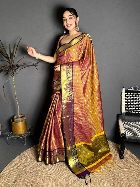 Elegant Self Gold Zari Chex Chitpallu Saree