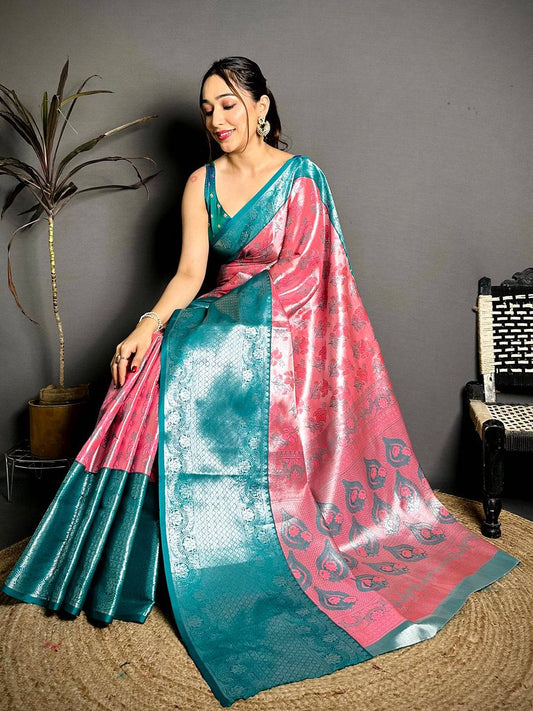 Teal Pink Border Tissue Kanchi Saree