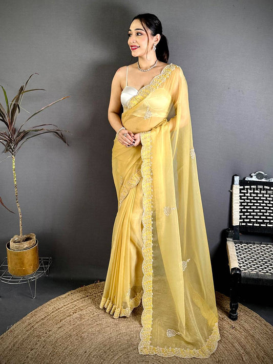 Yellow Pearl Zarkhond Chiffon Tissue Saree