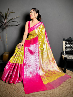 Yellow Magenta Border Tissue Kanchi Saree