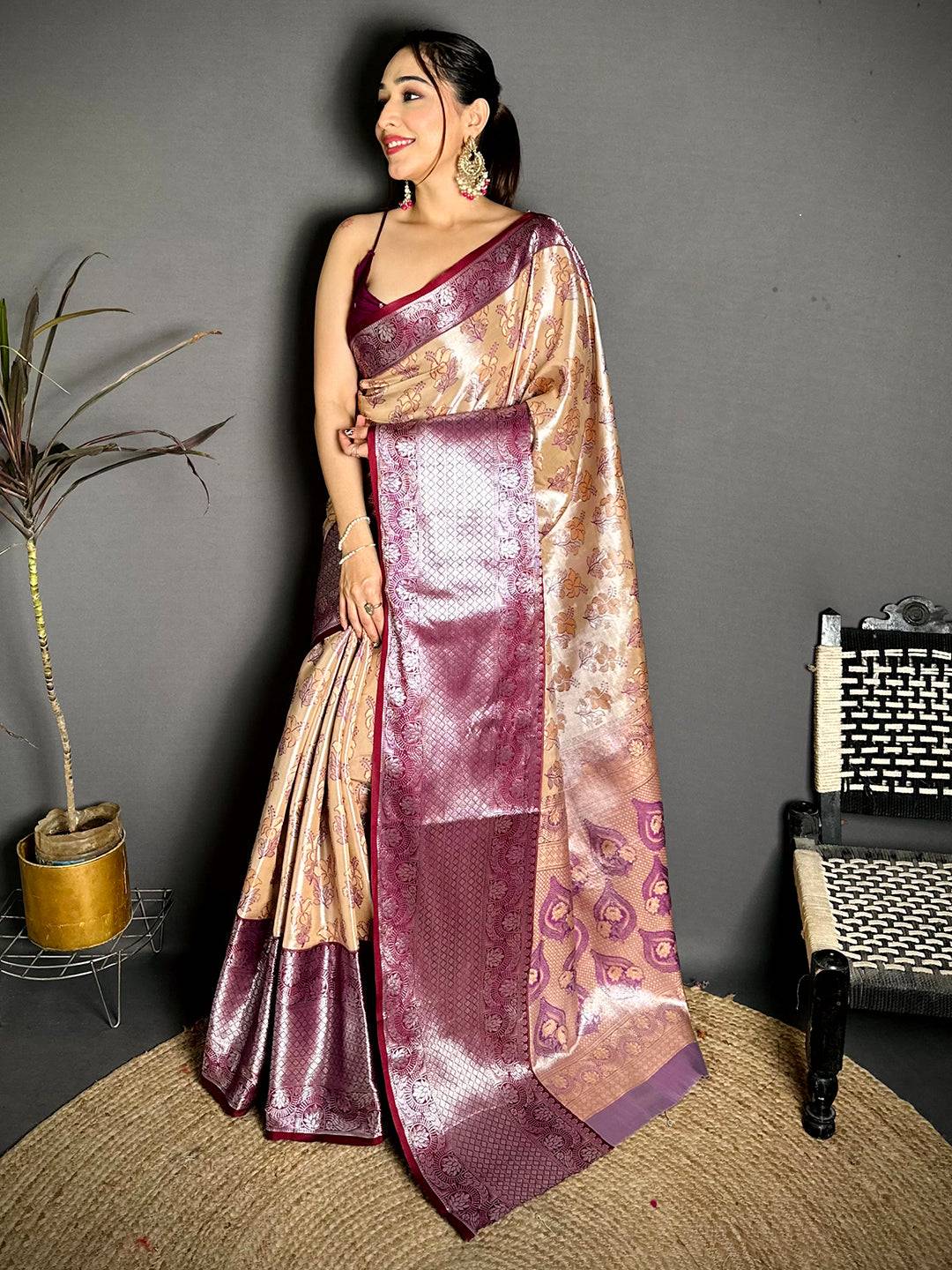 Champagne Wine Border Tissue Kanchi Saree