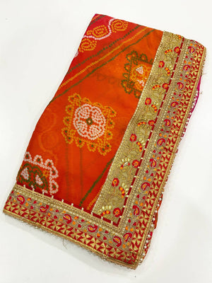 Elegance Bandhej Print Chinnon Foil Saree