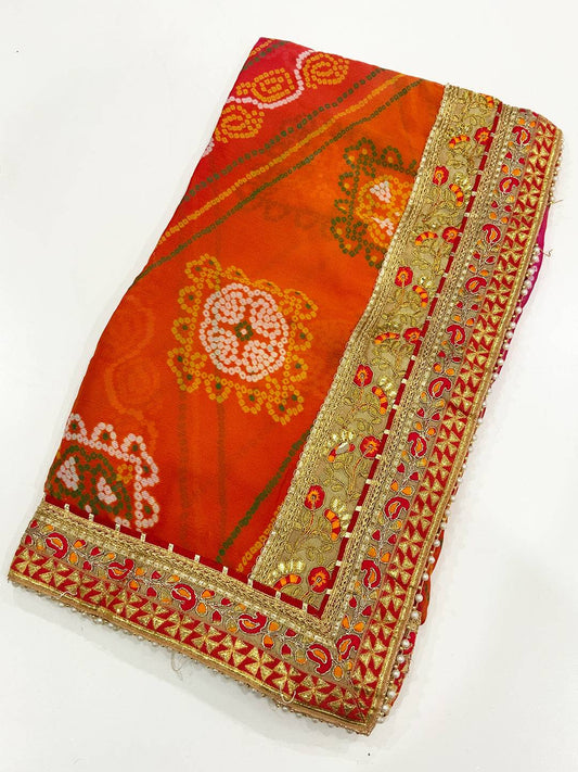 Elegance Bandhej Print Chinnon Foil Saree