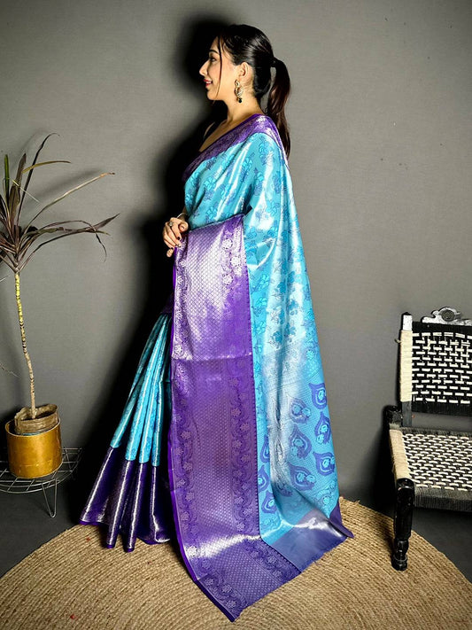 Turquoise Purple Border Tissue Kanchi Saree