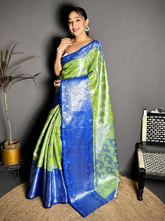 Lime Green Blue Border Tissue Kanchi Saree