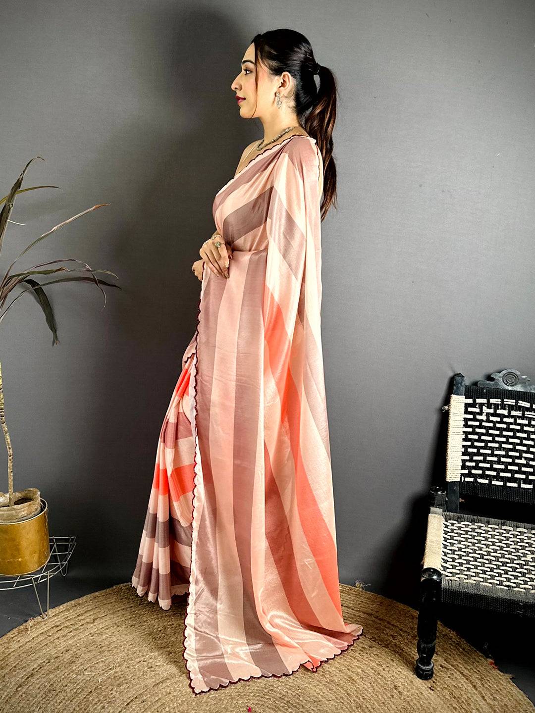 Classic Soft Chiffon Striped Cutwork Saree