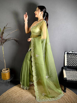 Green Pearl Zarkhond Chiffon Tissue Saree