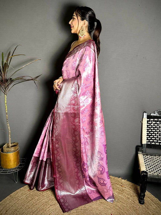 Pink Wine Border Tissue Kanchi Saree