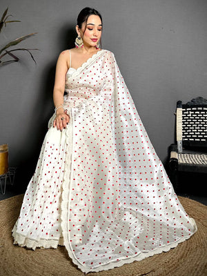 White Soft Tissue Resham Polka Dot Saree