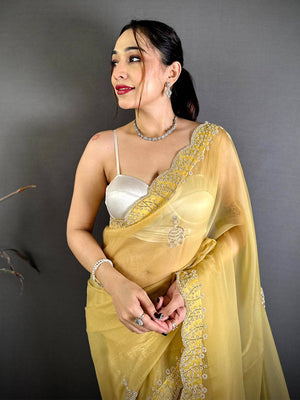 Yellow Pearl Zarkhond Chiffon Tissue Saree