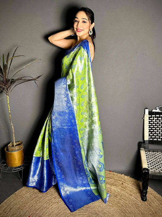 Lime Green Blue Border Tissue Kanchi Saree