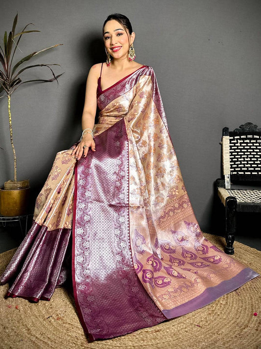 Champagne Wine Border Tissue Kanchi Saree