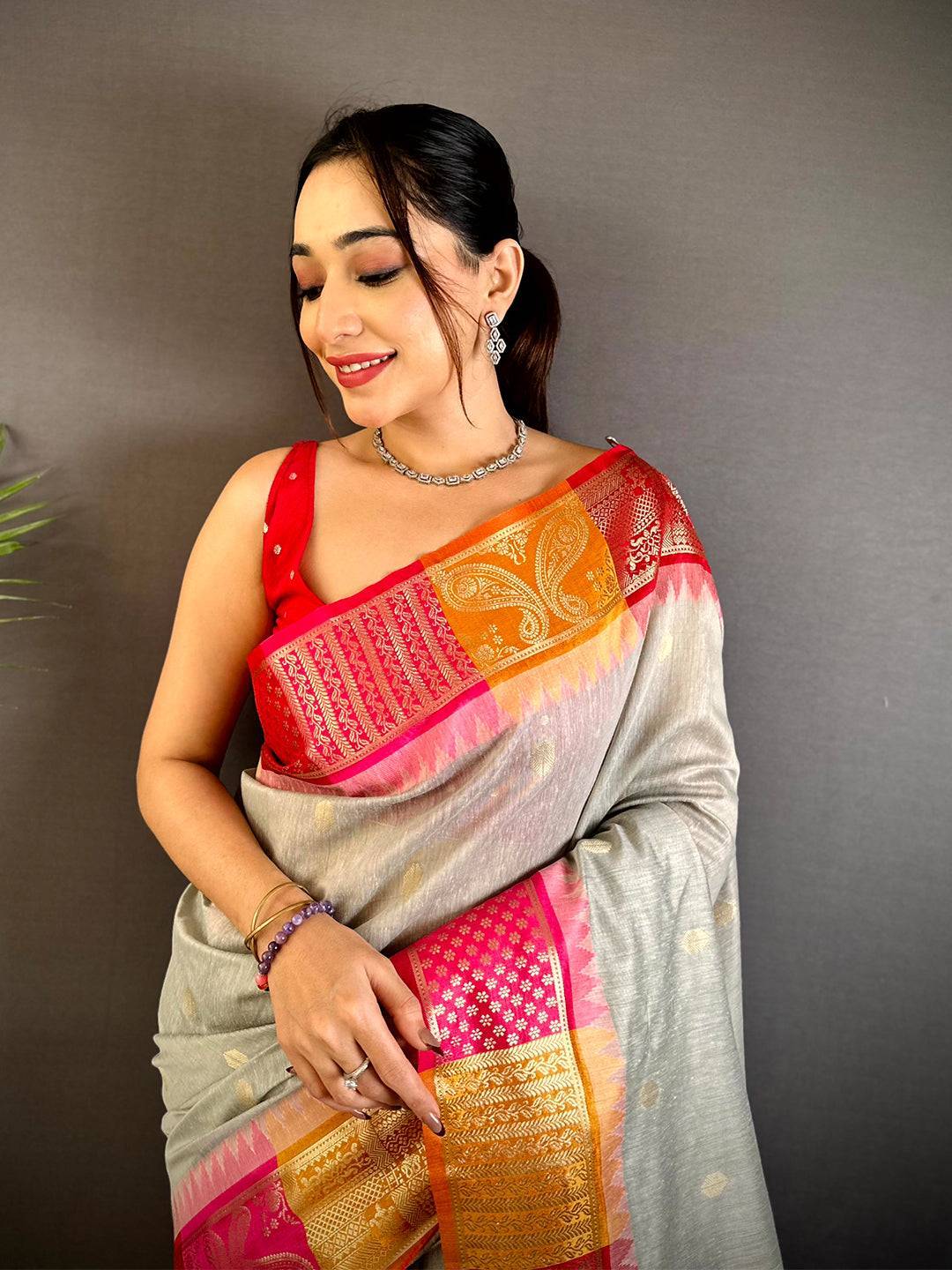 Grey Soft Mull Kanchi Pattu Saree  