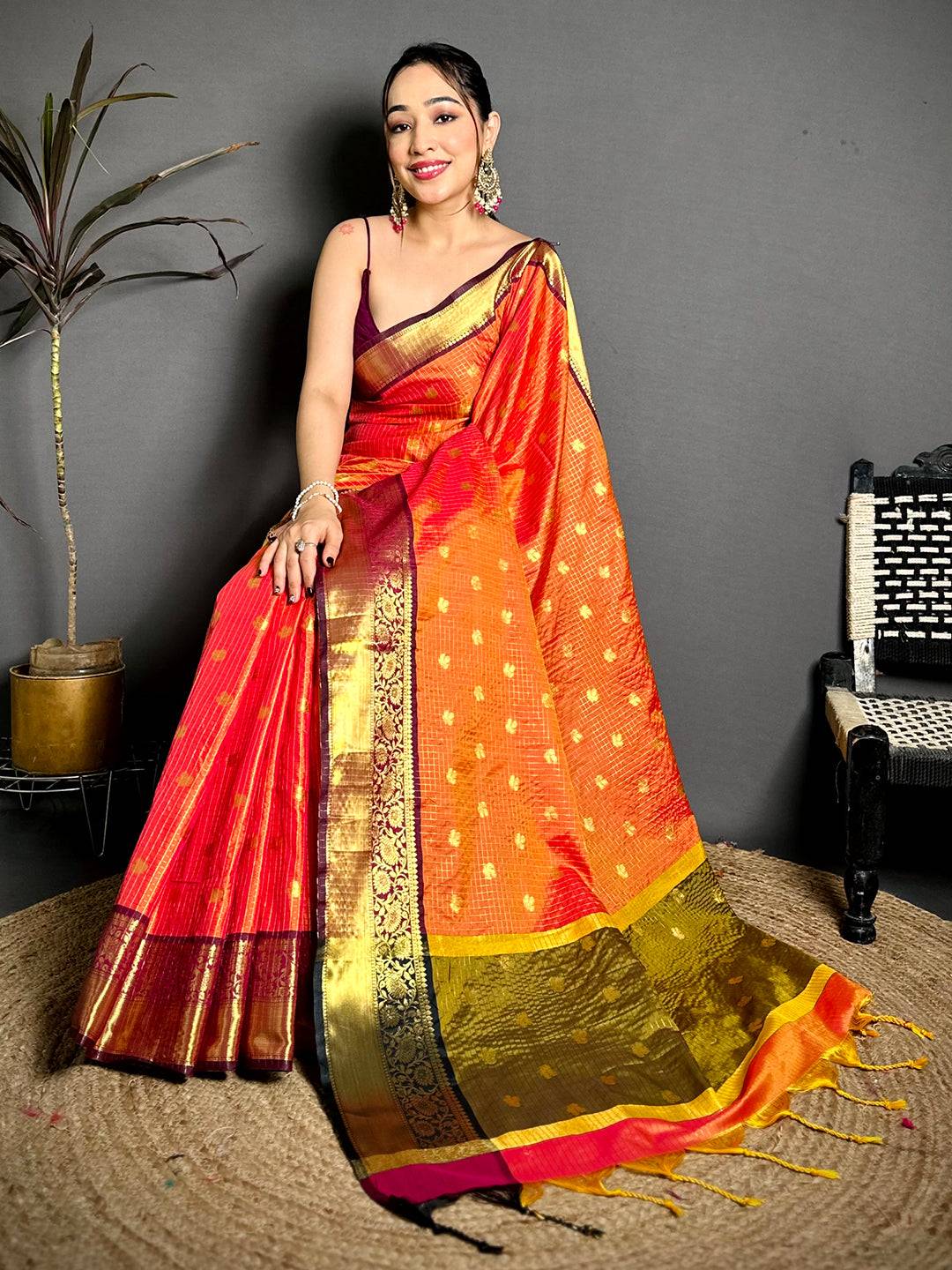 Radiant Self Gold Zari Chex Chitpallu Saree