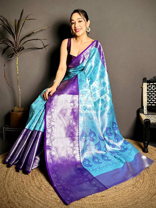 Turquoise Purple Border Tissue Kanchi Saree