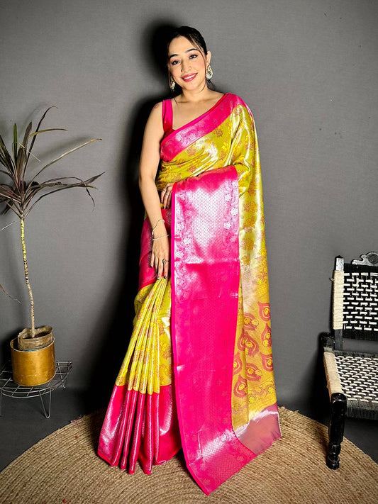 Yellow Magenta Border Tissue Kanchi Saree