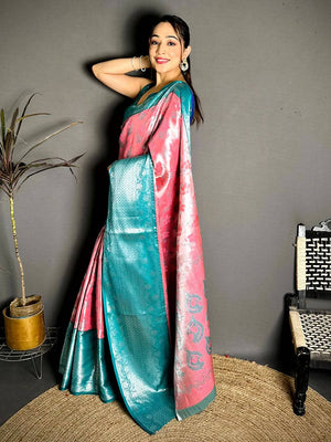 Teal Pink Border Tissue Kanchi Saree