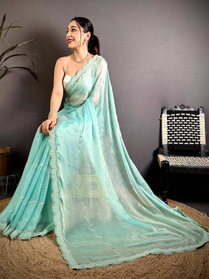 Sky Blue Pearl Stone Chiffon Satin Saree
