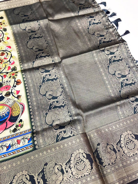 Grey Kalamkari Digital Print Pattu Saree
