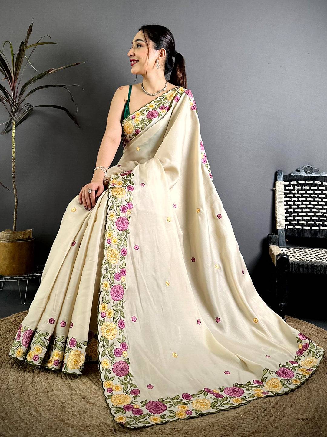 White Embroidered Cutwork Soft Silk Saree